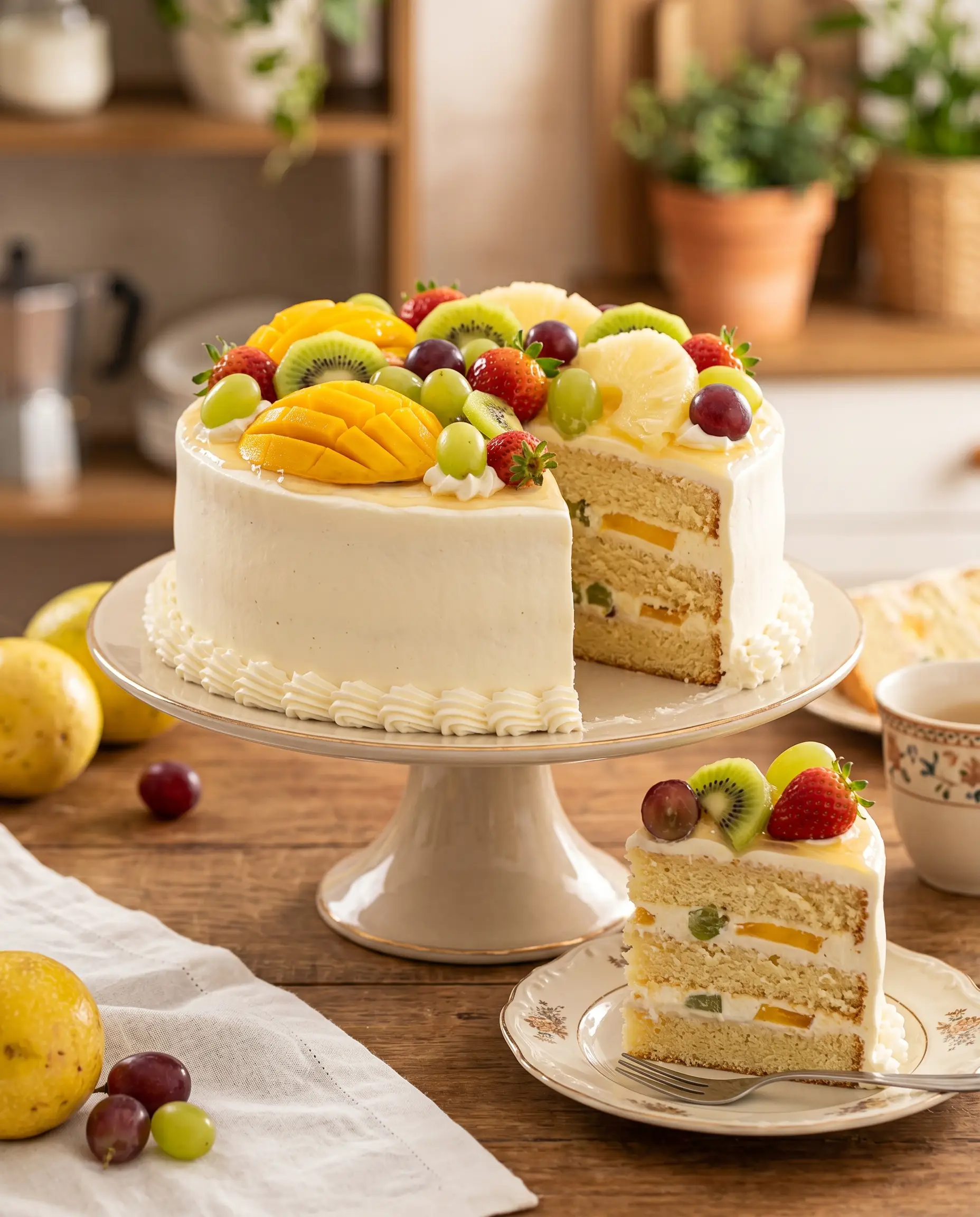 Bolo tropical com frutas da época e creme